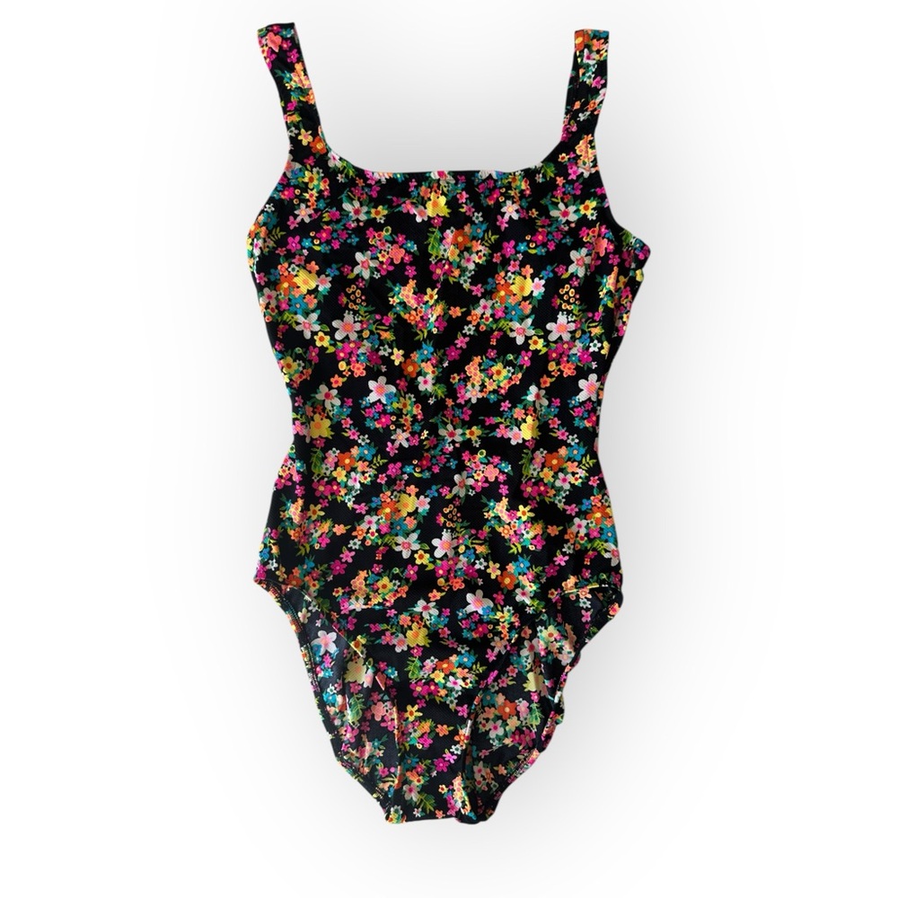 Vintage 90’s Lined Pink Black Floral One Piece Swimsuit